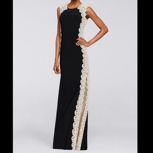 XSCAPE Formal Jersey Glitter Lace Gown